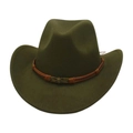 Detail of olive green wool felt hat with brown braided band and bronze skull ornament - One Size (57cm) / Army Green