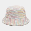 Colorful knit bucket hat for women featuring pink, yellow, and blue rainbow pastel tones - One Size / White
