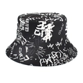Detail of street graffiti print on black canvas bucket hat with white typography - Black