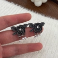 Vintage black rose stud earring with crystal center and three delicate pearl tassels - Antique Tin (8659)