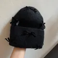 Thick black rabbit fur knit beanie featuring multiple elegant velvet bows for women - One Size(Stretchy) / Black