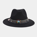 Detalle de sombrero fedora negro con banda étnica tejida, turquesa y borlas grises - M (56-58cm) / Estilo de Borla Turquesa Étnica