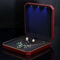 Red octagonal jewelry gift box with LED spotlights and black velvet interior for necklace set - Large Set Box / Red
