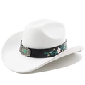 Dettaglio del cappello da cowboy in feltro bianco con ricami floreali e fibbia turchese - M(56-58cm) / Bianco puro