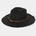 Detailed shot of a black straw hat with a feather buckle, beads, and frayed edges - One Size (56-59cm) / Black