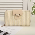 Beige geweven portemonnee met lichtbruine PU-lederen flap en gouden metalen sluiting - Broken Wit