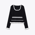 Jersey de punto acanalado negro para mujer con volantes blancos y escote en U fino - S / Blanco y Negro
