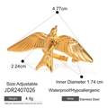 Detaillierte Größenangaben für verstellbaren goldenen Edelstahlring mit Vogelflügel - Gold Schwalben-Design / Verstellbar