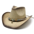 Ethnic straw cowboy hat with colorful beaded band and star pendant on white background - M (56-58cm) / Beige