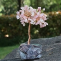Rose quartz gemstone tree on a natural fluorite base with copper wire handcrafting - Rose Quartz