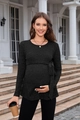 Detail of dark grey knit maternity sweater with rib texture and waist belt in outdoor setting - Black