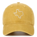 Dettaglio del ricamo bianco del Texas su un cappellino in cotone lavato giallo senape - Giallo
