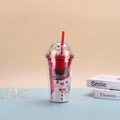 Detail of red Christmas tumbler with snowman pattern, golden glitter lid and colorful beads - 450ml / Red-Style 1 (Snowman)