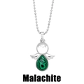 Detail of silver angel necklace featuring a teardrop malachite stone with green textures - Malachite
