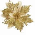 Detailed view of 14cm gold artificial flower with glitter for Christmas tree decor - Gold