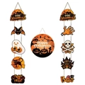 Wooden Halloween hanging ornaments with pumpkins, ghosts and black cat motifs - Round Hanger + Couplet Set