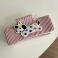 Detail of pink knitted hair claw clip featuring a cute embroidered white puppy with polka dots - 12# Pink Hair Claw Dog