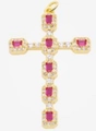Gold cross necklace pendant featuring red square crystals and small clear zircon stones - Style 75/Gold Red Square Clear Stone Cross