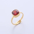 Detailed top view of gold adjustable ring with square red faceted gemstone setting - Adjustable Open / Red Zirconia