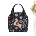 Ethnic style handbag with embroidered unicorn and floral pattern on navy fabric - Black Pegasus