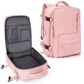 Pink travel backpack showing waterproof fabric and clamshell opening for organization - Pink