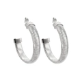 Detailed close-up of silver C-shaped hoop earrings with unique spiral snake bone texture - Steel Color Smooth Spiral Earrings (CK1205)
