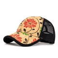 Breathable straw baseball cap with red floral embroidery and black mesh panel back - Red Floral Straw Patchwork Black Mesh Style / Beige