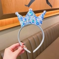 Detailed view of children's princess headband with sparkling blue sequins crown design - Sky Blue