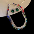 Detail of zircon geometric jewelry set with multi-color necklace and green halo earrings - Multicolor Gemstone Necklace with Green Studs / Silver - Rainbow