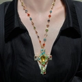 Golden cross necklace with colorful rhinestones and heart-shaped gem link chain - Gold Colored Heart Cross (8927)