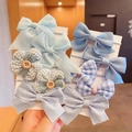 Blue bow and flower elastic hair ties set for girls shown on white cards - Blue Plaid Style (0662-3)