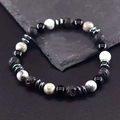 Men's 8mm natural stone beaded bracelet with lava rock, white turquoise, and symbol bead - Lava + Glossy Stone + Map Stone