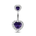 Silver stainless steel belly button ring with purple heart zircon and surrounding crystals - Purple