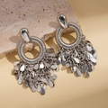Silver fringe tassel drop earrings with circular textures and metal leaf sequins - Silver (Silver Pin)