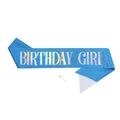 Detail of blue glitter birthday girl sash with holographic text and gold safety pin - Blue Fabric Holographic GIRL