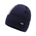 Men's dark blue ribbed knit beanie featuring grey geometric patterns and a logo patch - Navy Blue