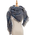 Plaid triangle scarf shawl with blue and red check pattern and tassel fringe detailing - 135x135x200cm / SJ-34# Navy Black