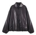 Deep brown faux leather jacket with stand collar and elasticated hem on white background - XS / Dark Brown