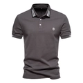 Charcoal cotton Polo shirt with white stripes on collar and lion embroidery - S / Dark Gray