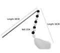 Interactive cat wand with black and white plush balls, white feathers, 30cm handle - Black White Pom Pom