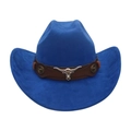 Blue felt cowboy hat featuring a brown leather band and silver longhorn bull skull emblem - Sapphire Blue