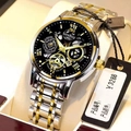 Two-tone silver and gold quartz watch with black skeleton dial and Roman numerals - Two-tone Gold Silver Alloy Strap Black Dial