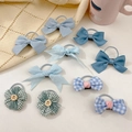 Set of cute fabric hair ties featuring blue bows and green checkered flower patterns - Light Blue 10Pcs Set