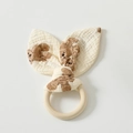 Baby teething ring toy with beige bear print cotton gauze rabbit ears and natural wood - Bear Doll