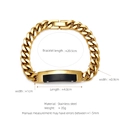 Golden stainless steel Cuban link bracelet with a black nameplate and product dimensions - Gold With Black Plate (W-2-1)