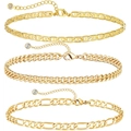 Three-piece gold plated stainless steel anklet set with crystal charms and paperclip chains - Gold Figaro Cuban Link 3-Piece Set