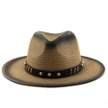 Unisex gradient straw sun hat with brown leather band and gold studs for beach travel - M (56-58cm) / Gradient Grey-Black (03)