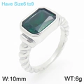 French style twisted titanium steel ring with emerald cut green glass stone - Silver Ring Green Stone (KR111472-GC)