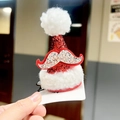 Detail of sequined Christmas hat hair clip with plush trim and silver glitter beard - Lamb Fleece 3D Hat Clip - Beard