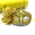 Golden Venetian masquerade mask with large yellow side flowers and sequin trim details - One Size / Gold